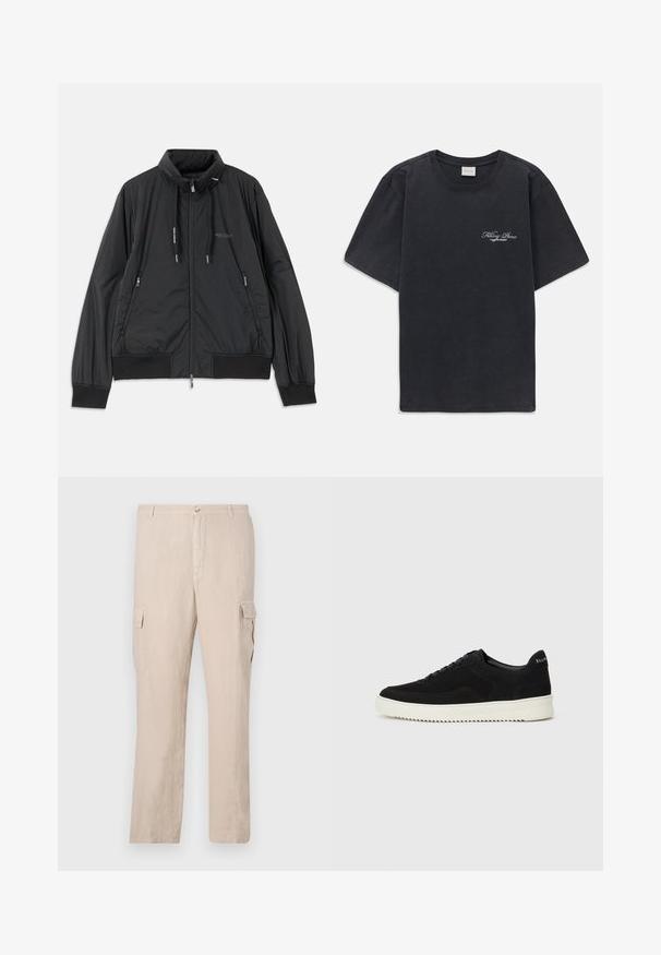Svart lett zip-up jakke med ståkrage, glidelåslommer på sidene, snorer, ribbestrikkede mansjetter og Armani Exchange-logo på brystet.; Svart kortermet t-skjorte med rund hals og liten hvit "Filling Pieces" tekstlogo på venstre bryst.; Beige cargo bukser laget av lin som har to sidelommer, en frontlukking med knapp, og en rett ben design med en jevn tekstur.; Svart semsket sneakers med snøring og kontrasterende hvit gummisåle. Har teksturerte sidepaneler og subtil merkevare på hælen.