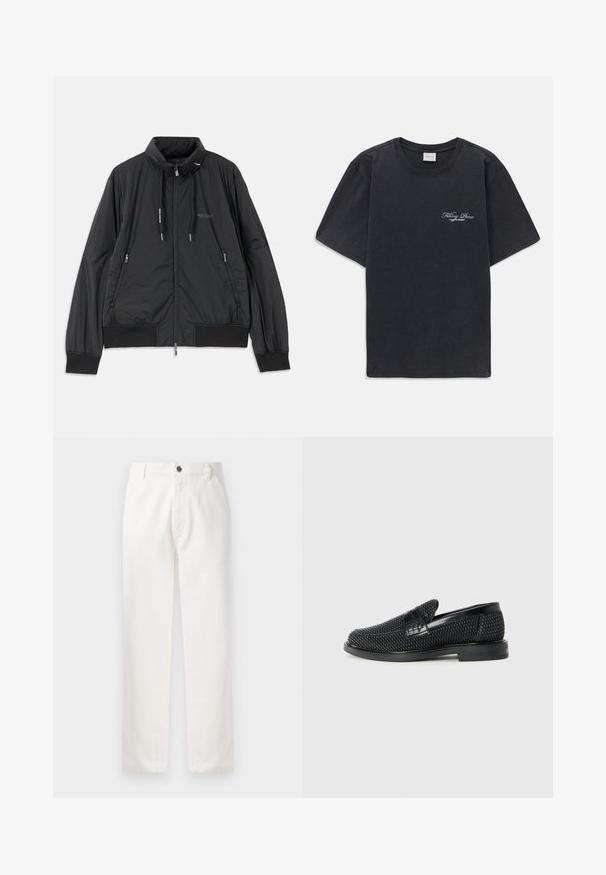 Giacca nera leggera con zip, colletto rialzato, tasche laterali con zip, lacci, polsini a coste e logo Armani Exchange sul petto.; T-shirt nera a maniche corte con collo rotondo, dotata di un piccolo logo bianco "Filling Pieces" sul lato sinistro del petto.; Pantaloni in cotone bianco con taglio dritto, tasche frontali, chiusura con bottone metallico e dettagli di cucitura sottili lungo le cuciture.; Scarpa nera a mocassino intrecciata con un accentuato in pelle liscia sulla parte superiore, design a punta rotonda e suola in gomma a profilo basso.