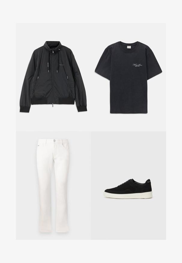 Casaco leve preto com fecho frontal e gola alta, bolsos laterais com fecho, cordões, punhos canelados e logótipo da Armani Exchange no peito.; T-shirt preta de manga curta, com decote redondo e pequeno logótipo branco "Filling Pieces" no lado esquerdo do peito.; Jeans brancos com um corte slim, feitos de tecido de algodão. Apresentam cinco bolsos, um fecho de botão metálico e um detalhe de costura subtil.; Sapatilhas de camurça pretas com design de atacadores e sola de borracha branca em contraste. Apresenta painéis laterais texturizados e uma marcação discreta no calcanhar.