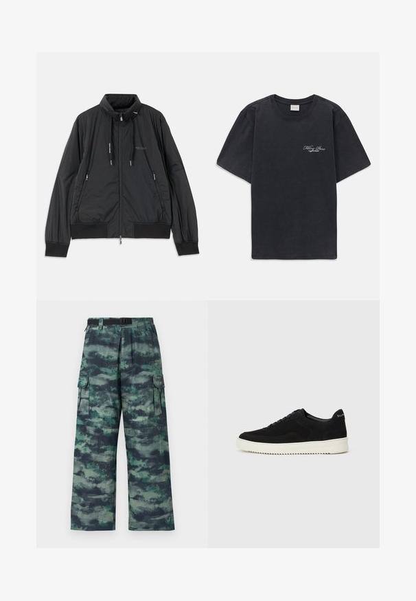 Svart lett zip-up jakke med ståkrage, glidelåslommer på sidene, snorer, ribbestrikkede mansjetter og Armani Exchange-logo på brystet.; Svart kortermet t-skjorte med rund hals og liten hvit "Filling Pieces" tekstlogo på venstre bryst.; Cargo bukser i et camouflage mønster med mørkegrønne, teal og sorte nuancer. Bred ben design med sidelommer og bælte i taljen.; Svart semsket sneakers med snøring og kontrasterende hvit gummisåle. Har teksturerte sidepaneler og subtil merkevare på hælen.