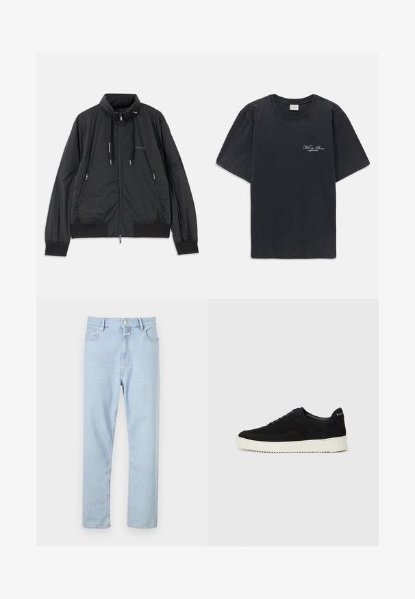 Mustmust mustrikk zip-up jakk, millel on seisev krae, tõmbluku külgtaskud, nöörid, soonikutega varrukad ning Armani Exchange logo rinnal.; Must have lühikesed varrukad ümmarguse kaelusega must T-särk, millel vasakul rinnal on väike valge "Filling Pieces" teksti logo.; Heledad sinine, sirge jala paari, mis on valmistatud denimist, nupuga ja tõmblukuga, viie taskuga ning kangal on peen kulumine.; Mustad suede jooksujalatsid, millel on paelad ja kontrastne valge kummitald. Omab tekstuuriga külgpaneele ja tagasihoidlikku brändimist kandadel.