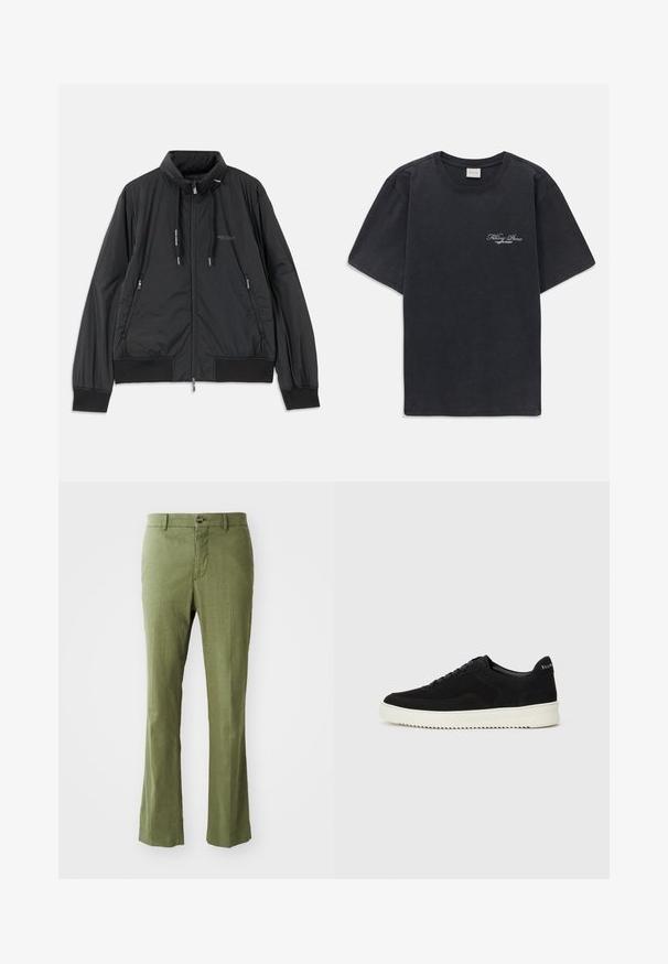 Fekete, könnyű, cipzáras dzseki álló gallérral, cipzáras oldalsó zsebekkel, húzózsinórral, bordázott mandzsettákkal és Armani Exchange logóval a mellkason.; Fekete, rövid ujjú, kerek nyakú póló, bal mellen kis fehér "Filling Pieces" szöveges logóval.; Olive zöld vászon nadrág egyenes szabással, elülső gombos záródással és finom textúrával. Nincsenek minták vagy díszítések.; Fekete velúr sportcipő fűzős dizájnnal és kontrasztos fehér gumitalppal. Jellemzői a textúrázott oldalpanelek és a diszkrét logó a sarokon.