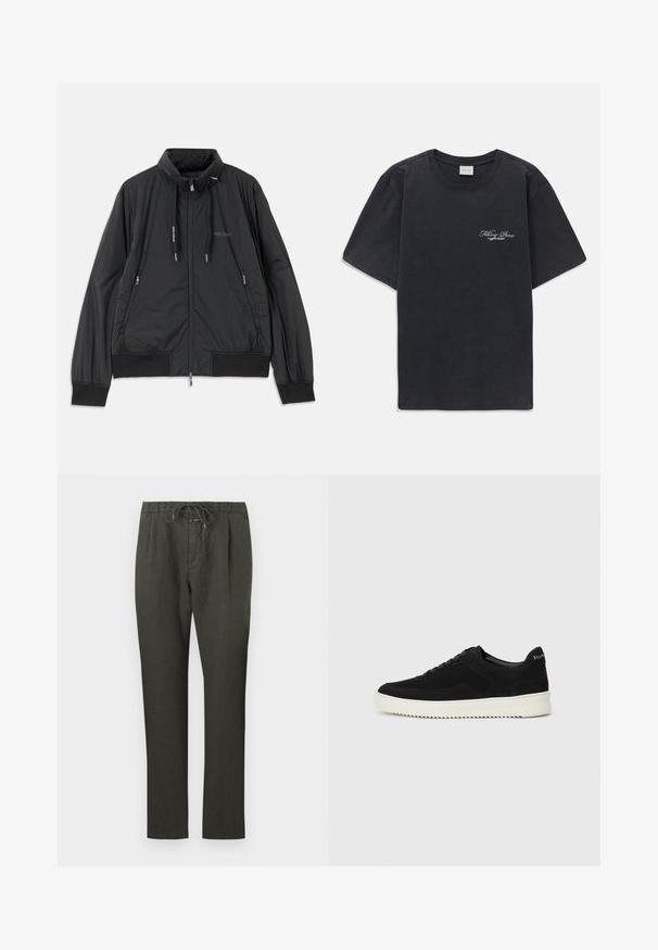 Black lightweight zip-up jacket with stand collar, zippered side pockets, drawstrings, ribbed cuffs, and Armani Exchange logo on chest.; Black short-sleeve crew neck t-shirt with small white "Filling Pieces" text logo on the left chest.; Dark grey linen pants with a drawstring waist. Straight-leg design, lightweight fabric, minimal detailing, and smooth texture.; Black suede sneaker with lace-up design and contrasting white rubber sole. Features textured side panels and subtle branding on the heel.