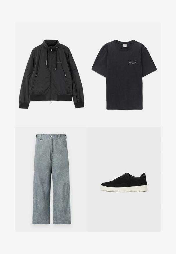 Zwarte lichtgewicht zip-up jack met opstaande kraag, ritszakken aan de zijkant, trekkoorden, geribbelde manchetten en het Armani Exchange-logo op de borst.; Zwarte korte mouwen crew neck t-shirt met klein wit "Filling Pieces" tekstlogo op de linkerborst.; Lichtgrijze denim wijde broek met een textuurafwerking, voorzien van een knoopsluiting, ceintuurlussen en een licht vervaagde uitstraling.; Zwarte suède sneakers met vetersluiting en contrasterende witte rubberen zool. Voorzien van textuurpanelen aan de zijkanten en subtiele branding op de hiel.
