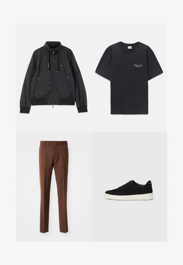 Juodas lengvas zip-up džemperis su stovinčiu apykakle, užtrauktukais šoninėse kišenėse, įveržimais, raibotu rankogaliu ir Armani Exchange logotipu ant krūtinės.; Juodas trumpomis rankovėmis, apvaliu kaklu marškinėliai su mažu baltu "Filling Pieces" tekstiniu logotipu kairiajame krūtinės kampe.; Rudos, pritaikyti kelnės su tiesiu priekiu, tiesiomis blauzdomis, glotnia tekstūra ir diržo kilpomis. Nėra matomų raštų ar detalių.; Juodos veliūrinės sportinės bateliai su raištelių dizainu ir kontrastinga balta gumine padais. Yra tekstūruoti šoniniai skydeliai ir subtilus logotipas ant kulno.