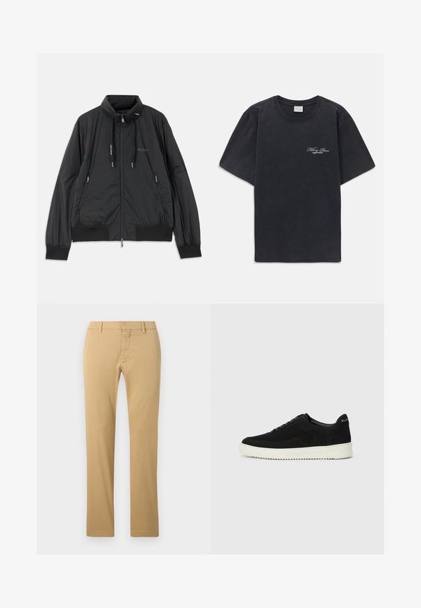 Schwarze, leichte, Reißverschlussjacke mit Stehkragen, Reißverschlusstaschen an den Seiten, Kordelzügen, gerippten Bündchen und Armani Exchange-Logo auf der Brust.; Schwarzes T-Shirt mit kurzen Ärmeln und Rundhalsausschnitt, mit kleinem weißen "Filling Pieces"-Textlogo auf der linken Brust.; Beige Baumwoll-Chinos mit geradem Bein, flacher Front, Gürtelschlaufen und verstecktem Reißverschluss.; Schwarze Wildleder-Sneaker mit Schnürdesign und kontrastierender weißer Gummisohle. Verfügt über strukturierte Seitenpaneele und dezentes Branding an der Ferse.