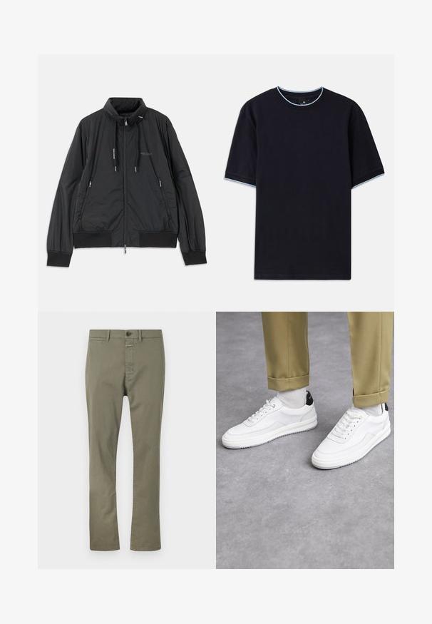 Zwarte lichtgewicht zip-up jack met opstaande kraag, ritszakken aan de zijkant, trekkoorden, geribbelde manchetten en het Armani Exchange-logo op de borst.; Donkerblauw T-shirt met korte mouwen en een ronde halslijn, voorzien van een lichtblauwe accentkleur bij de kraag en de mouwen. Gemaakt van zachte katoen stof.; Olijfgroene broek gemaakt van een katoenmix, met een ritssluiting, knoopsluiting en zijzakken. Rechtingspijp ontwerp met een soepele textuur.; Witte sneakers met een textuur van leerafwerkingen, een ronde neus en een zwarte hielaccent. Rubberen zool met een klein profiel en gestikte details.