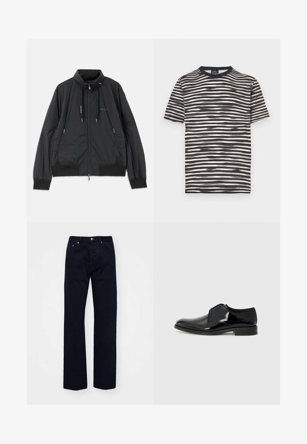 Crna lagana jakna na zip s visokom kragnom, bočnim dzepovima na zip, vezicama, rebrastim manžetama i logom Armani Exchange na prsima.; Crno-bijela prugasta majica s okruglim izrezom, kratkih rukava i mekane teksture. Ima izmjenjujuće debele i tanke pruge.; Crne traperice s ravnim nogavicama, s dugmetom i zatvaračem, pet džepova i toniranim šavovima.; Crne cipele s visokim potpeticama, s visokim sjajnim lakiranim završetkom, zaobljenim vrhom i vanjskim šavovima. Imaju nisku potpeticu i vezivanje.