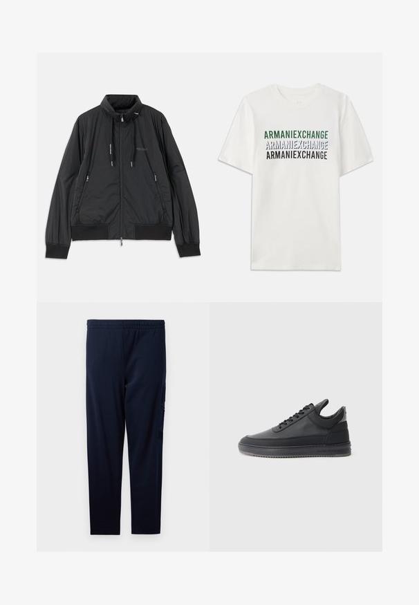 Fekete, könnyű, cipzáras dzseki álló gallérral, cipzáras oldalsó zsebekkel, húzózsinórral, bordázott mandzsettákkal és Armani Exchange logóval a mellkason.; Fehér pamut póló, melyen zöld, kék és fekete színben ismétlődő "ARMANIEXCHANGE" felirat található. Rövid ujjú, klasszikus kerek nyakkivágású.; Tengerészkék sportnadrág rugalmas anyagból, elasztikus derékrésszel és texturált mintázatú oldalzsebbel.; Fekete bőr sportcipő, textúrázott felülettel, fűzős dizájnnal, alacsony szárú kivitelben, szürke gumi talppal, mely bordázott peremmel rendelkezik.