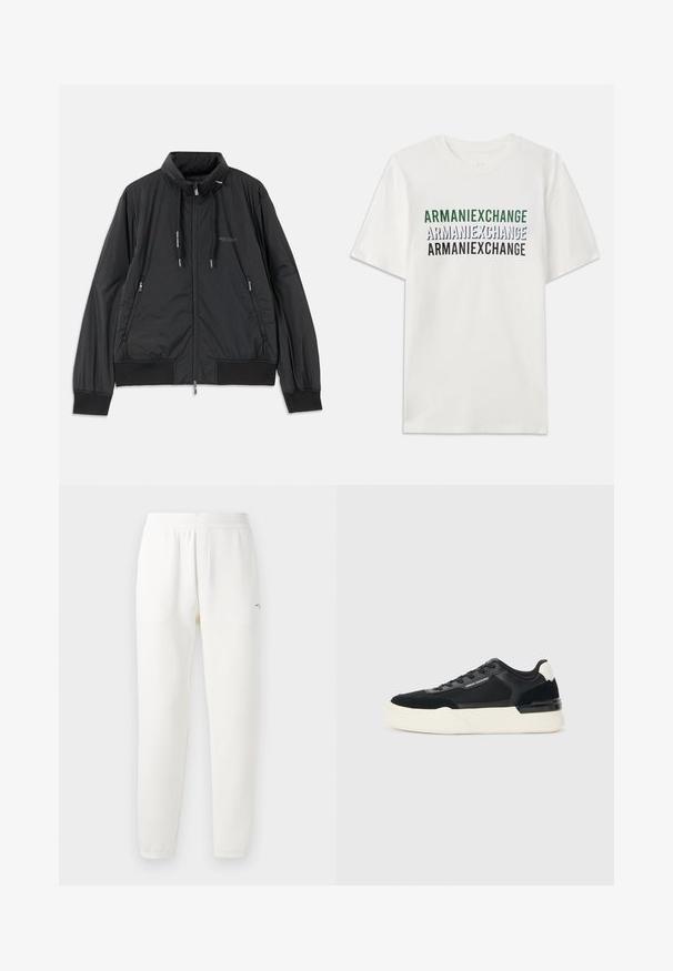 Casaco leve preto com fecho frontal e gola alta, bolsos laterais com fecho, cordões, punhos canelados e logótipo da Armani Exchange no peito.; T-shirt branca de algodão com o texto repetido "ARMANIEXCHANGE" em verde, azul e preto. Mangas curtas e um decote redondo clássico.; Calças de treino brancas feitas de um tecido suave, com um cós elástico, pernas ajustadas e um pequeno logotipo do lado esquerdo.; Sapata preta feita de malha e couro, apresentando uma sola branca grossa e detalhes contrastantes. Cadarços e detalhe do logótipo na lateral.