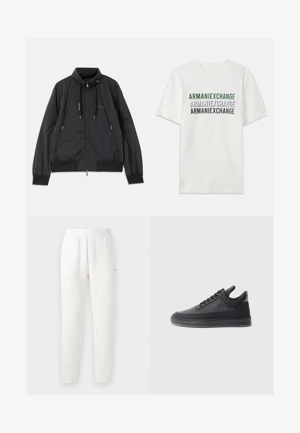 Casaco leve preto com fecho frontal e gola alta, bolsos laterais com fecho, cordões, punhos canelados e logótipo da Armani Exchange no peito.; T-shirt branca de algodão com o texto repetido "ARMANIEXCHANGE" em verde, azul e preto. Mangas curtas e um decote redondo clássico.; Calças de treino brancas feitas de um tecido suave, com um cós elástico, pernas ajustadas e um pequeno logotipo do lado esquerdo.; Sapatilhas de couro preto com uma superfície texturizada, design de atacadores, cano baixo, e uma sola de borracha cinza com uma borda estriada.
