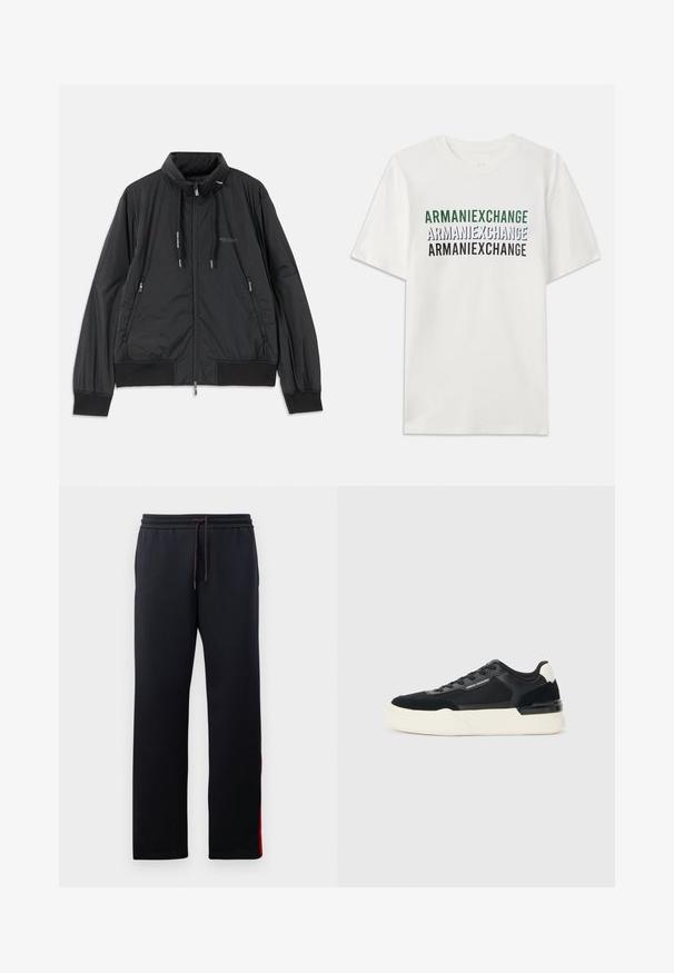 Fekete, könnyű, cipzáras dzseki álló gallérral, cipzáras oldalsó zsebekkel, húzózsinórral, bordázott mandzsettákkal és Armani Exchange logóval a mellkason.; Fehér pamut póló, melyen zöld, kék és fekete színben ismétlődő "ARMANIEXCHANGE" felirat található. Rövid ujjú, klasszikus kerek nyakkivágású.; Fekete melegítőnadrág, húzózsinórral a deréknál, szűkített lábakkal és piros díszcsíkkal az oldalán. Puha, rugalmas anyag, sima textúrával.; Fekete sneaker, amely hálós és bőrből készült, vastag fehér talppal és kontrasztos díszítőelemekkel. Fűzők és logó részlet az oldalon.