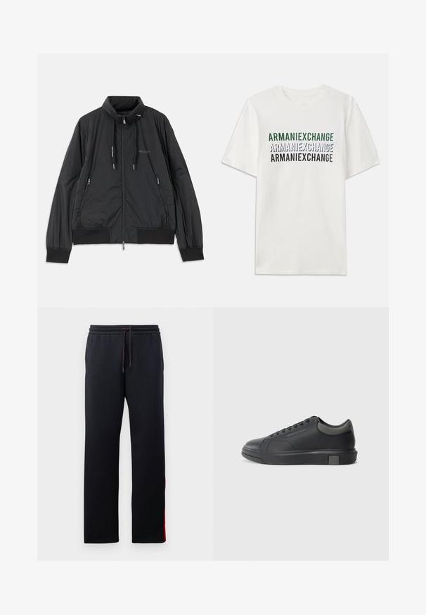 Crna lagana jakna na zip s visokom kragnom, bočnim dzepovima na zip, vezicama, rebrastim manžetama i logom Armani Exchange na prsima.; Bijela pamučna majica s kratkim rukavima koja prikazuje ponovljen tekst "ARMANIEXCHANGE" u zelenoj, plavoj i crnoj boji. Ima klasičan okrugli izrez.; Crne trenirke s remenom za podešavanje u struku, uskim nogavicama i crvenim akcentnim prugama sa strane. Mekana, rastezljiva tkanina s glatkom teksturom.; Crne kožne tenisice s glatkom završnom obradom, okruglim vrhom i tamno sivim detaljima. Imaju vezanje i teksturiranu gumenu potplat.