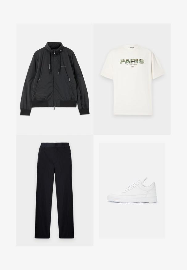 Svart lett zip-up jakke med ståkrage, glidelåslommer på sidene, snorer, ribbestrikkede mansjetter og Armani Exchange-logo på brystet.; Hvit bomull t-skjorte med et stort grafisk trykk av "PARIS" i kamuflasje-design. Korte ermer og rund hals. Sjekk, avslappet passform.; Sorte bukser med lett og teksturert stoff, rett ben-design, elastisk midjebånd og sidelommer med glidelås.; Hvite lær sneakers med en glatt tekstur, avrundet tå og flat såle. Har sølvøyler og et minimalistisk design.