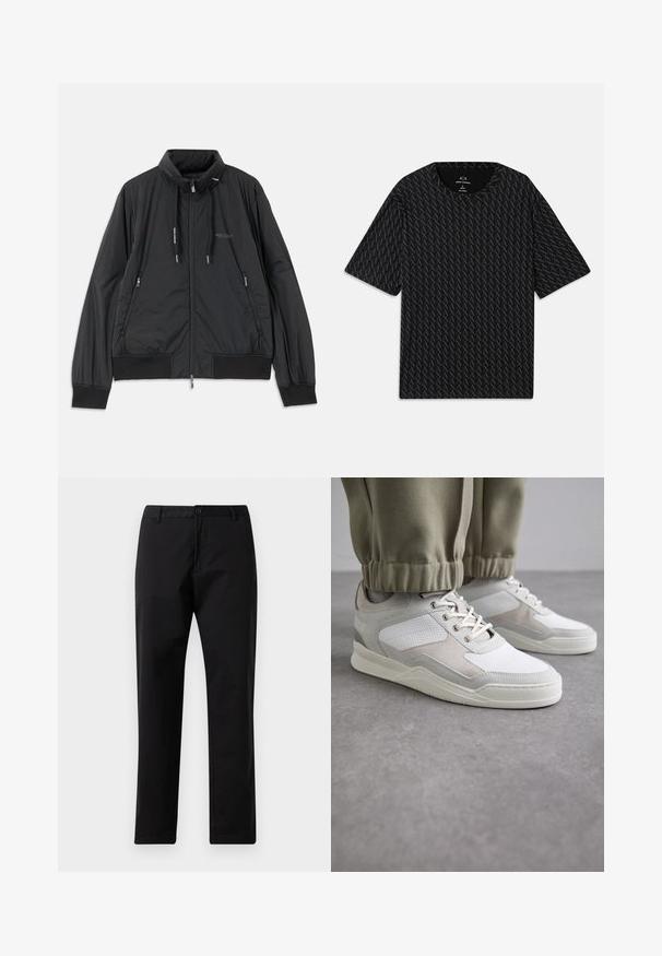Svart lett zip-up jakke med ståkrage, glidelåslommer på sidene, snorer, ribbestrikkede mansjetter og Armani Exchange-logo på brystet.; Svart T-skjorte med et teksturert mønster av wekslende 'A' logoer, korte ermer og rund hals. Laget av lett stoff.; Svarte rette bukser med knapp- og glidelås-lukking, beltehemper og frontlommer, vist på hvit bakgrunn.; Hvite og lysegrå sneakers med en teksturert overdel, snøring og polstret krage. Designet inkluderer perforerte og semskede detaljer.