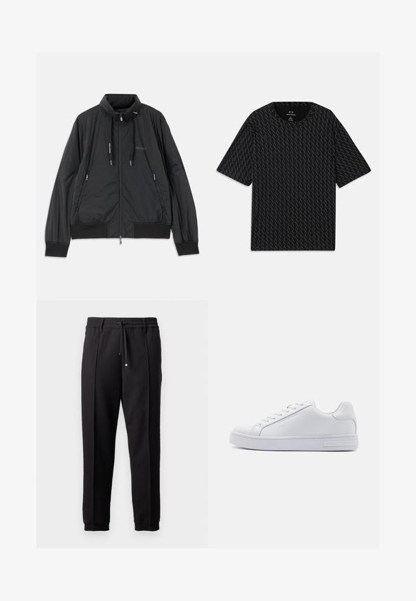 Čierna ľahká zipsová bunda so stojačikom, bočnými zipsovými vreckami, šnúrkami, rebrovanými manžetami a logom Armani Exchange na hrudi.; Čierne tričko s textúrovaným vzorom striedajúcich sa log 'A', krátke rukávy a okrúhly výstrih. Vyrobené z ľahkého materiálu.; Čierne nohavice s pásom, šnúrkou na stiahnutie a elastickými manžetami. Obsahujú pútkové prešitia a hladkú, textúrovanú látku.; Biele kožené tenisky s hladkým povrchom, okrúlym špicom, šnurovaním vpredu a plochou gumovou podrážkou. Na päte majú embosované logo.