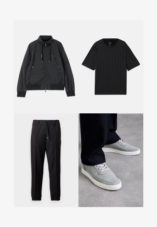 Čierna ľahká zipsová bunda so stojačikom, bočnými zipsovými vreckami, šnúrkami, rebrovanými manžetami a logom Armani Exchange na hrudi.; Čierne tričko s textúrovaným vzorom striedajúcich sa log 'A', krátke rukávy a okrúhly výstrih. Vyrobené z ľahkého materiálu.; Čierne nohavice s pásom, šnúrkou na stiahnutie a elastickými manžetami. Obsahujú pútkové prešitia a hladkú, textúrovanú látku.; Šedé semišové tenisky s bielymi gumovými podrážkami, so šnurovacím dizajnom, zakrivenou špičkou a jemnými švami, obuté s čiernymi nohavicami.