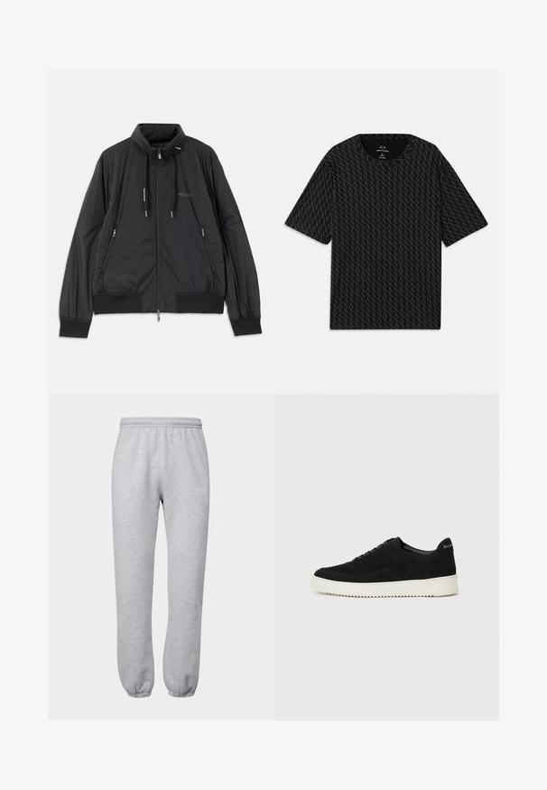 Crna lagana jakna na zip s visokom kragnom, bočnim dzepovima na zip, vezicama, rebrastim manžetama i logom Armani Exchange na prsima.; Crna majica s kratkim rukavima koja sadrži teksturirani uzorak izmjeničnih 'A' logotipa i okrugli izrez. Napravljena od laganog materijala.; 7 DAYS Active ORGANIC FITTED SWEATPANTS - Donji dijelovi trenirke - heather grey; Crne nubuk tenisice s vezanjem i kontrastnom bijelom gumenom potplatom. Imaju teksturirane bočne panele i suptilno brendiranje na peti.
