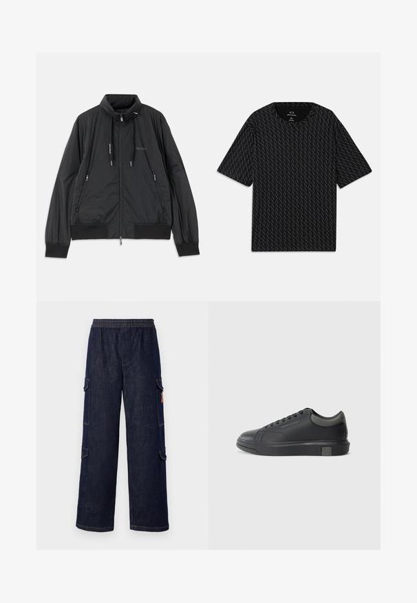 Črn lahek jakna na zadrgo s stojnicnim ovratnikom, zadrgami na strani, vrvicami, rebrastimi manšeti in logotipom Armani Exchange na prsih.; Črna majica s kratkimi rokavi, ki vsebuje teksturiran vzorec iz izmeničnih logotipov 'A', z okroglim izrezom. Narejena iz lahkega materiala.; Temno modri denim cargo hlače z ohlapnim krojem, z elastičnim pasom, stranskimi žepi in kontrastnimi šivi.; Črne usnjene teniske s gladko površino, zaobljenim prstom in temno sivo akcenti. Imajo sistem vezanja in teksturiran gumijast podplat.