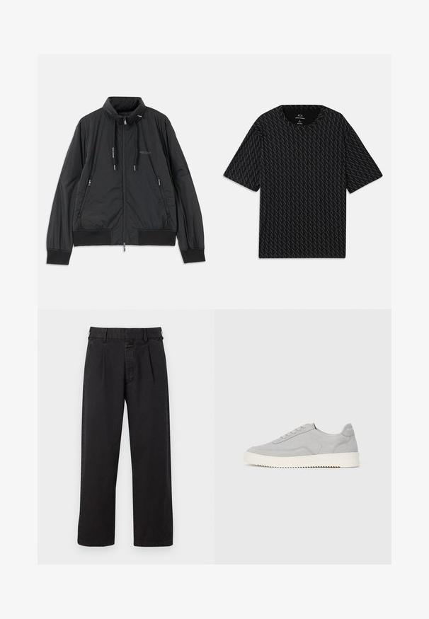 Black lightweight zip-up jacket with stand collar, zippered side pockets, drawstrings, ribbed cuffs, and Armani Exchange logo on chest.; Black T-shirt featuring a textured pattern of alternating 'A' logos, short sleeves, and a crew neckline. Made from lightweight fabric.; Black cotton trousers with a straight cut, featuring a pleated front, belt loops, and a button closure. Smooth texture without patterns.; Grey suede sneakers with a low profile, rounded toe, and flat white rubber sole, featuring minimal stitching and lace-up closure.