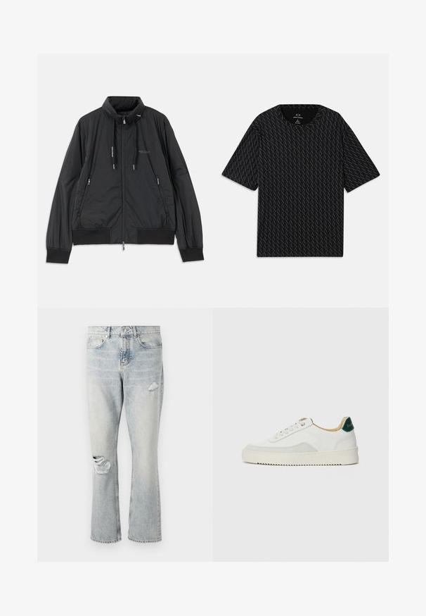 Chaqueta negra ligera con cremallera y cuello alzado, bolsillos laterales con cremallera, cordones, puños de canalé y logo de Armani Exchange en el pecho.; Camiseta negra con un patrón texturizado de logos 'A' alternados, mangas cortas y escote redondo. Fabricada con tejido ligero.; Jeans de mezclilla azul claro con cintura alta, perneras rectas y detalles desgastados en el muslo derecho y la rodilla izquierda.; Zapatilla blanca con acentos de ante, puntera redondeada, cordones planos y suela de goma color crema. Presenta un logo verde en el talón.