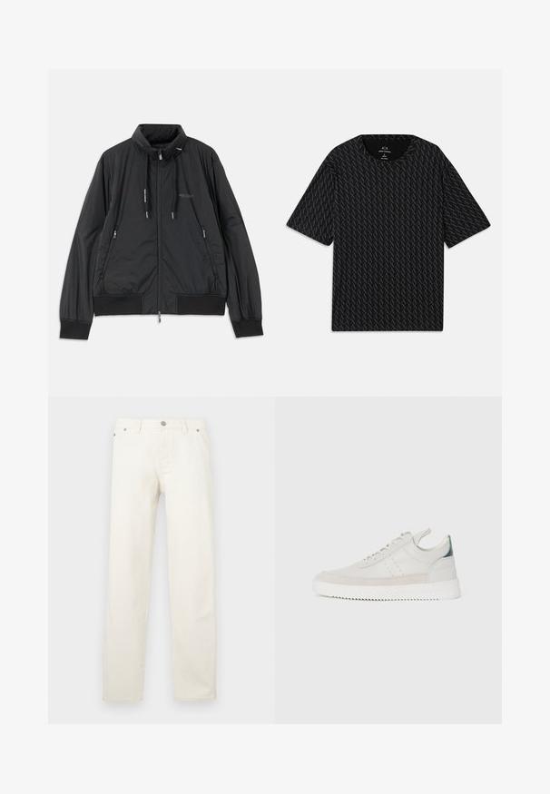 Fekete, könnyű, cipzáras dzseki álló gallérral, cipzáras oldalsó zsebekkel, húzózsinórral, bordázott mandzsettákkal és Armani Exchange logóval a mellkason.; Fekete póló, váltakozó 'A' logók textúrájával, rövid ujjakkal és kerek nyakkivágással. Könnyű anyagból készült.; Fehér, egyenes szárú farmernadrág, gombos sliccel, övhurkokkal és öt zsebbel. A szövet sima tapintású.; Fehér bőr sportcipők szürke bársonyos részletekkel, fűzős kivitelben, hátul húzófüllel és texturált gumi talppal, amelyen zikk-zakk minta található.