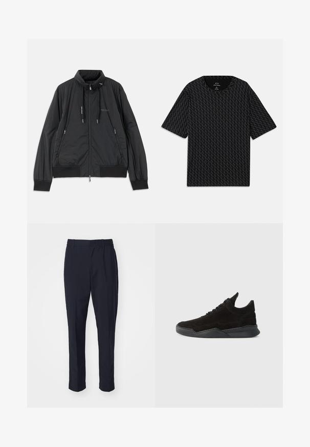 Črn lahek jakna na zadrgo s stojnicnim ovratnikom, zadrgami na strani, vrvicami, rebrastimi manšeti in logotipom Armani Exchange na prsih.; Črna majica s kratkimi rokavi, ki vsebuje teksturiran vzorec iz izmeničnih logotipov 'A', z okroglim izrezom. Narejena iz lahkega materiala.; Mornarsko modri hlače z gladko teksturo, elastičnim pasom in ožjim krojem. Brez vidnih žepov ali okrasnih elementov.; Črne semiške superge z nizkim profilom, teksturiranim zgornjim delom, ravnimi vezalkami in trdnim gumijastim podplatom, ki ima rahlo peto in ukrivljen dizajn.