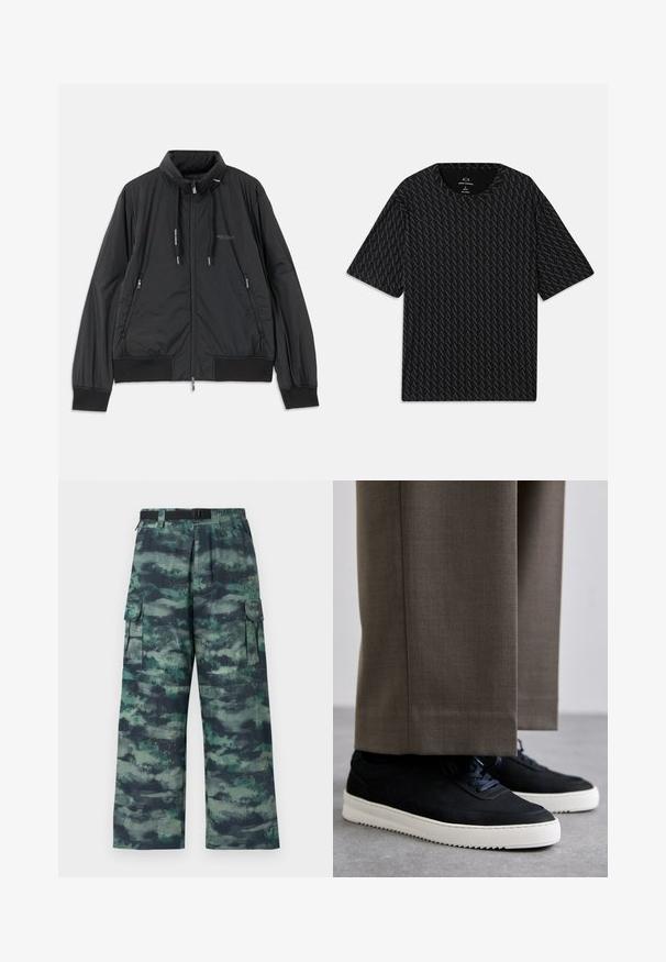 Crna lagana jakna na zip s visokom kragnom, bočnim dzepovima na zip, vezicama, rebrastim manžetama i logom Armani Exchange na prsima.; Crna majica s kratkim rukavima koja sadrži teksturirani uzorak izmjeničnih 'A' logotipa i okrugli izrez. Napravljena od laganog materijala.; Futrovačke hlače u kamuflažnom uzorku s tamnozelenim, tirkiznim i crnim nijansama. Dizajn širokih nogavica s bočnim džepovima i pojasom.; Crne nubuk tenisice s bijelim gumenim potplatima, s zaobljenim vrhom i vezicama, uparene s sivim krojenim hlačama.