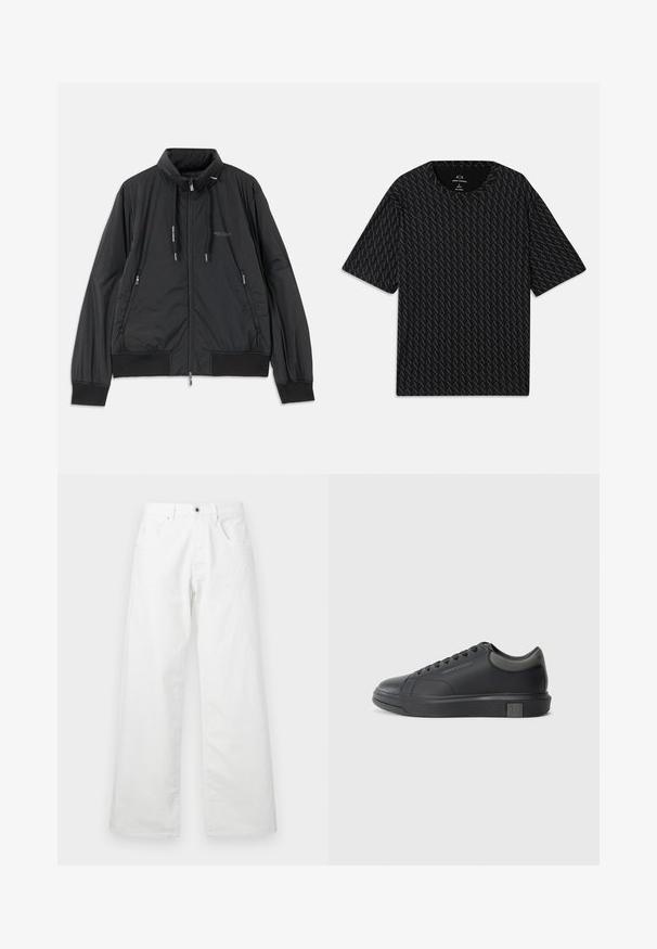 Čierna ľahká zipsová bunda so stojačikom, bočnými zipsovými vreckami, šnúrkami, rebrovanými manžetami a logom Armani Exchange na hrudi.; Čierne tričko s textúrovaným vzorom striedajúcich sa log 'A', krátke rukávy a okrúhly výstrih. Vyrobené z ľahkého materiálu.; Biele denimové nohavice so strihom rovného nohu, s dvoma prednými vreckami a gombíkovým zapínaním. Hladká textúra s jemne vyblednutým povrchom.; Čierne kožené tenisky s hladkým povrchom, zaoblenou špičkou a tmavošedými akcentmi. Obsahujú šnurovací dizajn a štruktúrovanú gumovú podrážku.