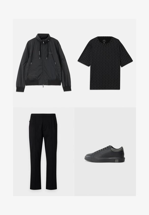 Μαύρο ελαφρύ τζάκετ με φερμουάρ και όρθιο γιακά, με φερμουάρ στις πλαϊνές τσέπες, κορδόνια, ριμπ μανσέτες και λογότυπο Armani Exchange στο στήθος.; Μαύρο t-shirt με υφασμάτινο σχέδιο που εναλλάσσει λογότυπα "A", κοντά μανίκια και στρογγυλή λαιμόκοψη. Κατασκευασμένο από ελαφρύ ύφασμα.; Μαύρο παντελόνι κομμένο με λεία υφή, με εμπρόσθιες πτυχές, ίσιες γραμμές και πλαϊνές τσέπες. Απλός σχεδιασμός και μονόχρωμο.; Μαύρο δερμάτινο αθλητικό παπούτσι με λεία επιφάνεια, στρογγυλή μύτη και σκούρες γκρίζες λεπτομέρειες. Διαθέτει σχέδιο με κορδόνια και υφασμάτινη αντιολισθητική σόλα.