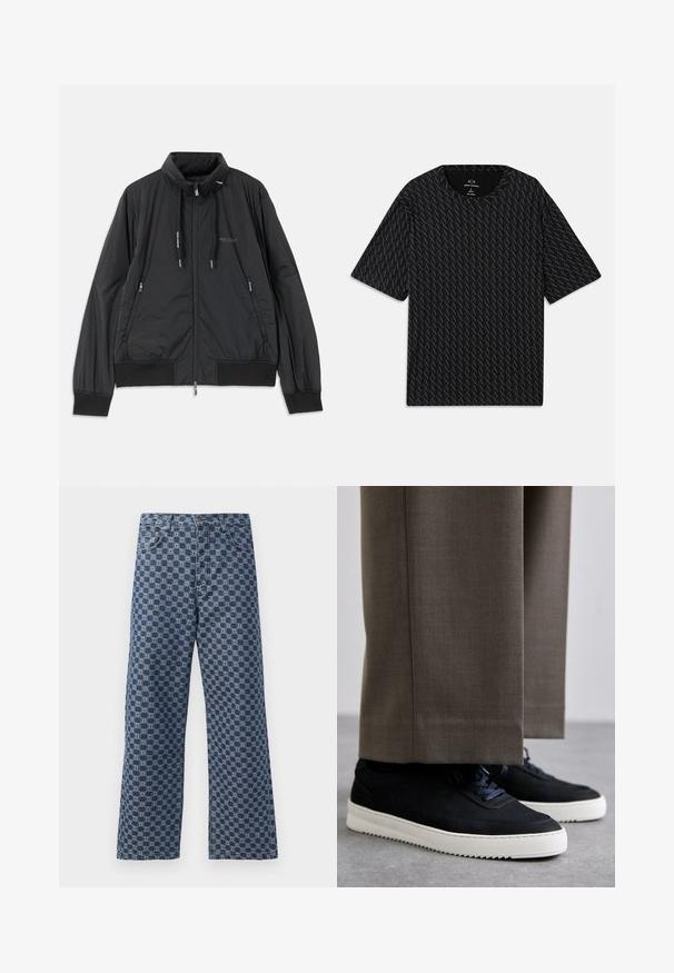 Svart lett zip-up jakke med ståkrage, glidelåslommer på sidene, snorer, ribbestrikkede mansjetter og Armani Exchange-logo på brystet.; Svart T-skjorte med et teksturert mønster av wekslende 'A' logoer, korte ermer og rund hals. Laget av lett stoff.; Blå denimjeans med et gjentakende geometrisk mønster, fem lommer, knappelukking og et design med utsvingte ben.; Svarte suedeglans sneakers med hvite gummisåler, med rund tå og lisser, iført grå skreddersydde bukser.