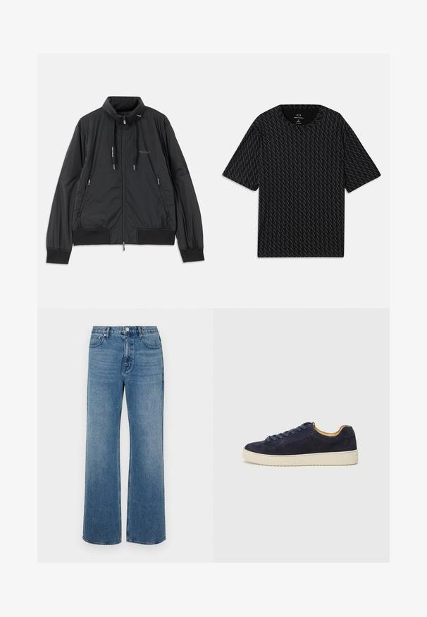 Svart lett zip-up jakke med ståkrage, glidelåslommer på sidene, snorer, ribbestrikkede mansjetter og Armani Exchange-logo på brystet.; Svart T-skjorte med et teksturert mønster av wekslende 'A' logoer, korte ermer og rund hals. Laget av lett stoff.; Bredde ben blå jeans laget av denim med en falmet finish. Har fem lommer, frontlukking med knapper og rett snitt.; Marineblå semsket lav sneaker med rund tå, off-white gummisåle og matchende snørebånd; har en kontrasterende tan indvendig foring.