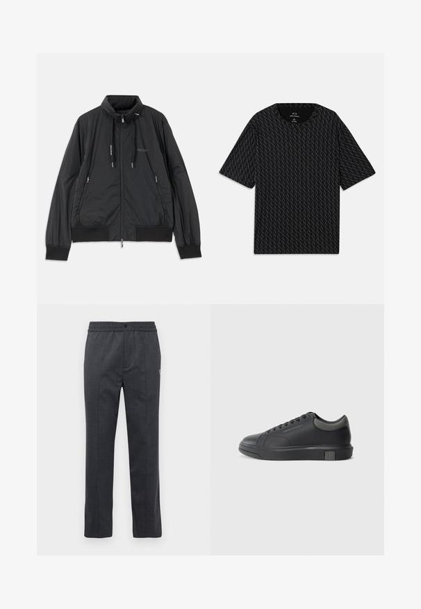Svart lett zip-up jakke med ståkrage, glidelåslommer på sidene, snorer, ribbestrikkede mansjetter og Armani Exchange-logo på brystet.; Svart T-skjorte med et teksturert mønster av wekslende 'A' logoer, korte ermer og rund hals. Laget av lett stoff.; Mørkegrå rette bukser med elastisk liv, frontknappelukking og subtil broderidetalj på høyre side.; Sorte lærersneakers med en glat finish, rund tå og mørkegrå detaljer. Har snørebånd og en struktureret gummisål.