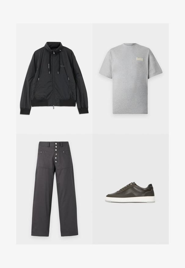 Black lightweight zip-up jacket with stand collar, zippered side pockets, drawstrings, ribbed cuffs, and Armani Exchange logo on chest.; Gray short-sleeve t-shirt made from soft fabric, featuring a rounded neckline and a small cream logo on the chest.; Gray wide-leg pants made of lightweight fabric, featuring a button-fly closure with five metallic buttons and two front pockets.; Dark gray leather sneaker with a smooth texture, white rubber sole, flat laces, and a subtle logo on the heel. Low-top design.