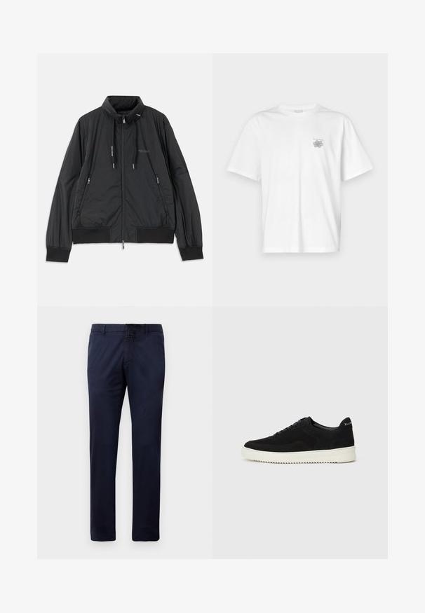 Crna lagana jakna na zip s visokom kragnom, bočnim dzepovima na zip, vezicama, rebrastim manžetama i logom Armani Exchange na prsima.; Bijela majica od pamuka s kratkim rukavima, okruglim izrezom i malim sivim logotipom na lijevoj strani prsnog područja. Glatka tekstura.; Temno plave ravne hlače sa petljama za remen, prednjim gumbom i bočnim džepovima, prikazane na bijeloj pozadini.; Crne nubuk tenisice s vezanjem i kontrastnom bijelom gumenom potplatom. Imaju teksturirane bočne panele i suptilno brendiranje na peti.