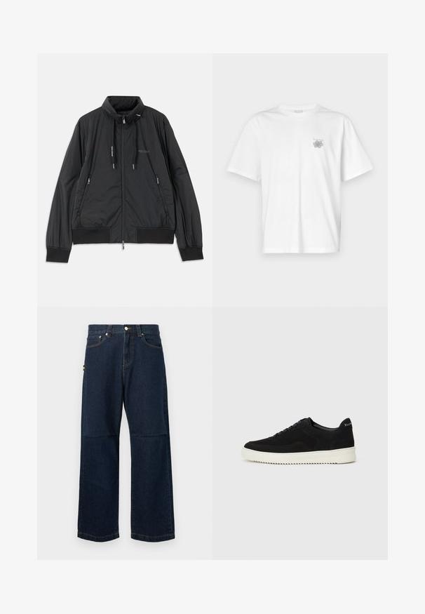 Casaco leve preto com fecho frontal e gola alta, bolsos laterais com fecho, cordões, punhos canelados e logótipo da Armani Exchange no peito.; Camisa branca de algodão com mangas curtas, gola redonda e um pequeno logótipo cinza na área do peito esquerdo. Textura suave.; Jeans de denim azul escuro com pernas retas, apresentando um clássico design de cinco bolsos, costura contrastante e uma pequena etiqueta colorida na lateral.; Sapatilhas de camurça pretas com design de atacadores e sola de borracha branca em contraste. Apresenta painéis laterais texturizados e uma marcação discreta no calcanhar.