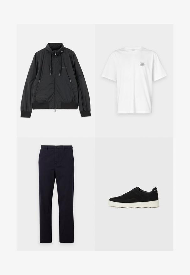 Black lightweight zip-up jacket with stand collar, zippered side pockets, drawstrings, ribbed cuffs, and Armani Exchange logo on chest.; White t-shirt made of cotton featuring short sleeves, a crew neck, and a small gray logo on the left chest area. Smooth texture.; PS Paul Smith TROUSER - Chinos - dark blue; Black suede sneaker with lace-up design and contrasting white rubber sole. Features textured side panels and subtle branding on the heel.
