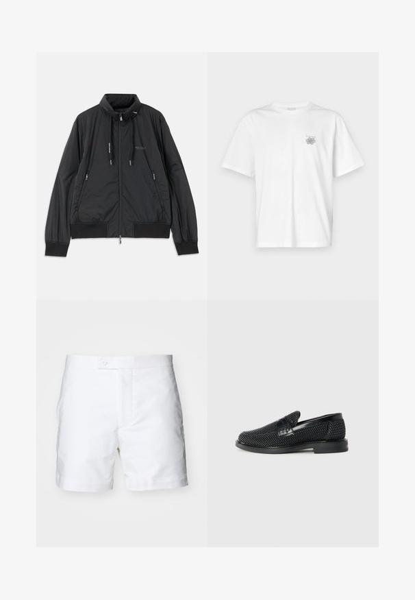 Čierna ľahká zipsová bunda so stojačikom, bočnými zipsovými vreckami, šnúrkami, rebrovanými manžetami a logom Armani Exchange na hrudi.; Biela tričko vyrobené z bavlny, s krátkymi rukávmi, okrúhlym výstrihom a malým šedým logom na oblasti ľavej hrude. Hladká textúra.; Biele bavlnené šortky so strihom rovného strihu, dvoma bočnými vreckami, zapínaním na gombík a čistou, hladkou textúrou. Lemovanie je úhľadne dokončené a preložené.; Čierne tkané slip-on topánky s hladkým koženým akcentom na vrchnej časti, s okrúlym dizajnom špičky a nízkoprofilovou gumovou podrážkou.