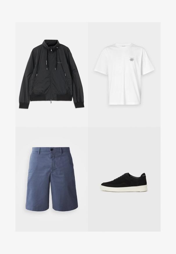 Zwarte lichtgewicht zip-up jack met opstaande kraag, ritszakken aan de zijkant, trekkoorden, geribbelde manchetten en het Armani Exchange-logo op de borst.; Witte t-shirt van katoen met korte mouwen, een ronde hals, en een klein grijs logo op de linker borstzijde. Soepele textuur.; Marineblauwe katoenen shorts met een plat front, enkele knoopsluiting, twee zijzakken en een recht gesneden pijp. Glad textuur, geen zichtbare patronen.; Zwarte suède sneakers met vetersluiting en contrasterende witte rubberen zool. Voorzien van textuurpanelen aan de zijkanten en subtiele branding op de hiel.
