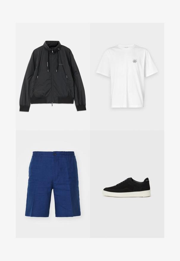 Chaqueta negra ligera con cremallera y cuello alzado, bolsillos laterales con cremallera, cordones, puños de canalé y logo de Armani Exchange en el pecho.; Camiseta blanca de algodón con mangas cortas, cuello redondo y un pequeño logo gris en el lado izquierdo del pecho. Textura suave.; J.LINDEBERG BARON - Shorts - estate blue; Zapatilla de ante negra con diseño de cordones y suela de goma blanca contrastante. Presenta paneles laterales texturizados y un sutil logo en el talón.