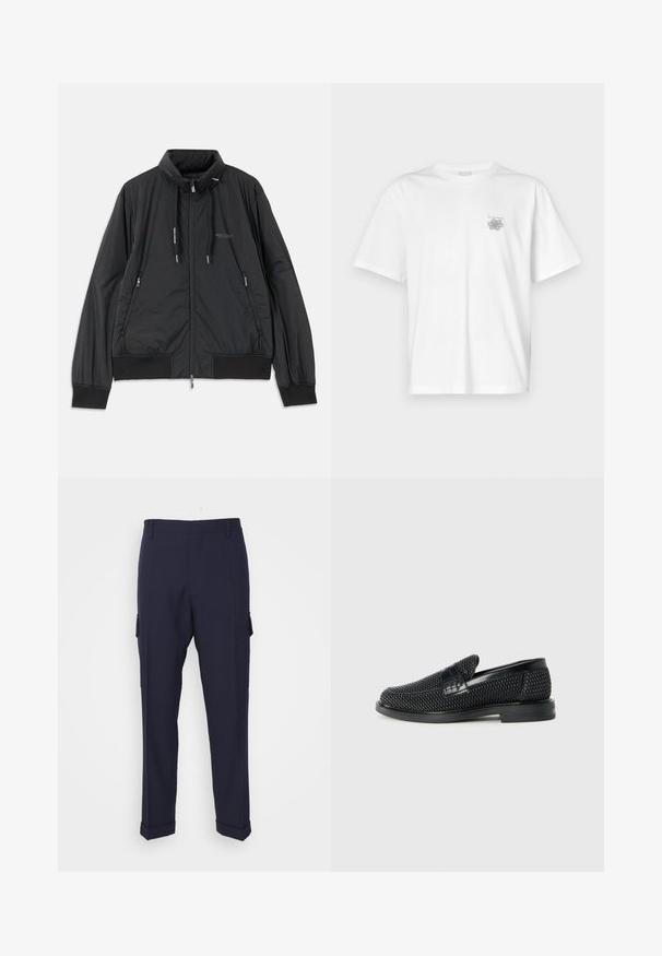 Black lightweight zip-up jacket with stand collar, zippered side pockets, drawstrings, ribbed cuffs, and Armani Exchange logo on chest.; White t-shirt made of cotton featuring short sleeves, a crew neck, and a small gray logo on the left chest area. Smooth texture.; Navy blue cargo pants made of smooth fabric, featuring side pockets, a straight cut, and folded cuffs at the ankles.; Black woven slip-on shoe with a smooth leather accent on the upper, a round toe design, and a low-profile rubber sole.