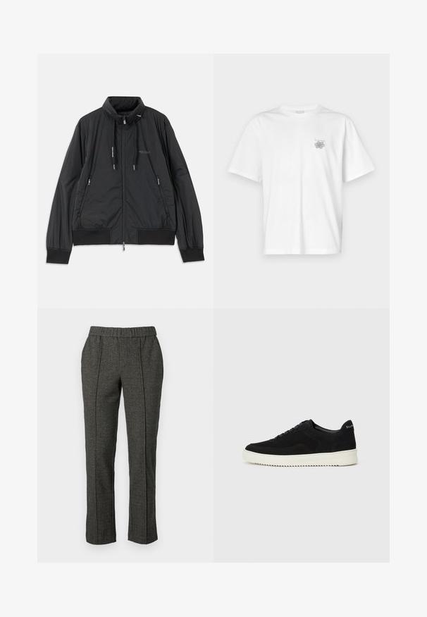 Veste légère noire zippée avec col montant, poches latérales zippées, cordons de serrage, poignets côtelés et logo Armani Exchange sur la poitrine.; T-shirt blanc en coton avec des manches courtes, un col ras du cou et un petit logo gris sur la partie gauche de la poitrine. Texture lisse.; Pantalons taillés gris en tissu texturé, avec une taille élastique, des jambes droites et des détails de plis à l'avant.; Baskets en daim noir avec un design à lacets et une semelle en caoutchouc blanc contrastant. Comprend des panneaux latéraux texturés et un logo subtil sur le talon.