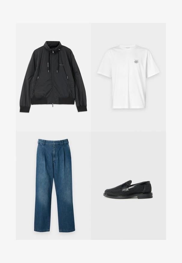 Svart lett zip-up jakke med ståkrage, glidelåslommer på sidene, snorer, ribbestrikkede mansjetter og Armani Exchange-logo på brystet.; Hvit T-skjorte laget av bomull, med korte ermer, rund hals og en liten grå logo på venstre brystområde. Smooth tekstur.; Blå denimbukser med rett ben design, med høy midje, frontfold, og klassisk lukkemekanisme med knapp. Glatt tekstur.; Sorte vevde slip-on sko med en glatt lærdetalj på overdelen, design med rund tå og en lavprofil gummisåle.