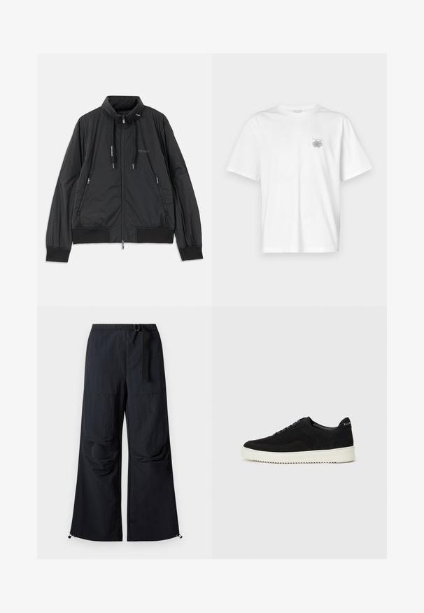 Casaco leve preto com fecho frontal e gola alta, bolsos laterais com fecho, cordões, punhos canelados e logótipo da Armani Exchange no peito.; Camisa branca de algodão com mangas curtas, gola redonda e um pequeno logótipo cinza na área do peito esquerdo. Textura suave.; Calças largas pretas, feitas de um tecido leve, com um cinto na cintura, bolsos frontais e bainhas ajustáveis com cordões.; Sapatilhas de camurça pretas com design de atacadores e sola de borracha branca em contraste. Apresenta painéis laterais texturizados e uma marcação discreta no calcanhar.