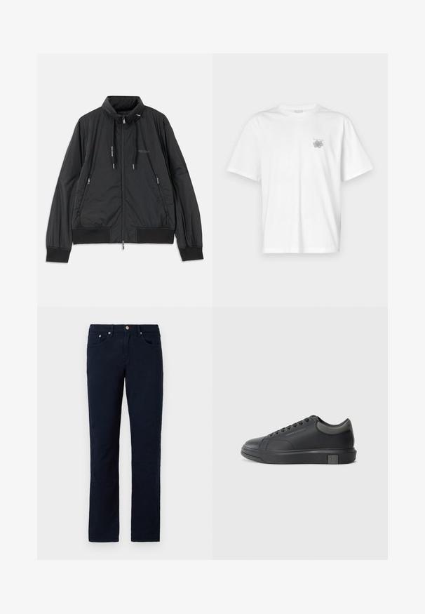 Geacă neagră ușoară cu fermoar, guler înalt, buzunare laterale cu fermoar, șnururi de ajustare, manșete cu rimă și logo-ul Armani Exchange pe piept.; Tricou alb din bumbac, cu mâneci scurte, guler rotund și un mic logo gri în zona stângă a pieptului. Textură netedă.; Pantaloni drept de culoare bleu marin, din țesătură de bumbac. Au cinci buzunare, fermoar la brâu și detalii minime de cusătură. Textură netedă.; Tenisii din piele neagră cu un finisaj neted, vârf rotunjit și accente gri închis. Au un design cu șireturi și talpă din cauciuc texturat.