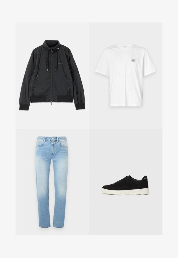 Czarna, lekka kurtka z zamkiem błyskawicznym i stojącym kołnierzem, z zamykanymi kieszeniami po bokach, sznurkami ściągającymi, ściągaczami przy mankietach oraz logo Armani Exchange na klatce piersiowej.; Biała koszulka z bawełny z krótkimi rękawami, okrągłym dekoltem i małym szarym logo po lewej stronie klatki piersiowej. Gładka tekstura.; Jasnoniebieskie jeansy z prostymi nogawkami, dwoma przednimi kieszeniami, zapięciem na guzik oraz delikatnym przetarciem na materiale.; Czarne zamszowe sneakersy z designem na sznurówki i kontrastującą białą gumową podeszwą. Posiadają teksturowane boczne panele oraz subtelne logo na pięcie.
