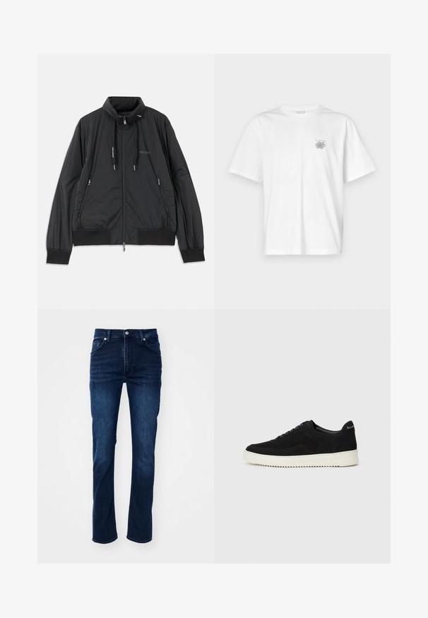 Svart lättvikts zip-jacka med ståkrage, dragkedjefickor i sidan, dragsko, ribbade ärmmuddar och Armani Exchange-logotyp på bröstet.; Vit t-shirt i bomull med korta ärmar, rund hals och en liten grå logotyp på vänster bröst. Slät textur.; Mörkblå denimjeans med rak passform, med en klassisk femficksdesign och subtila sömdetaljer.; Svarta mockaskor med snörningsdesign och kontrasterande vita gummisulor. Har texturerade sidopaneler och diskret branding på hälen.