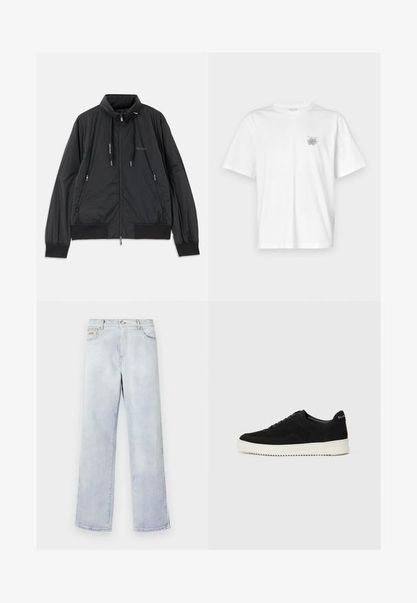 Svart lett zip-up jakke med ståkrage, glidelåslommer på sidene, snorer, ribbestrikkede mansjetter og Armani Exchange-logo på brystet.; Hvit T-skjorte laget av bomull, med korte ermer, rund hals og en liten grå logo på venstre brystområde. Smooth tekstur.; Lyseblå denimjeans med rett ben-design, med knappelukking, fem lommer og kontrastsøm.; Svart semsket sneakers med snøring og kontrasterende hvit gummisåle. Har teksturerte sidepaneler og subtil merkevare på hælen.