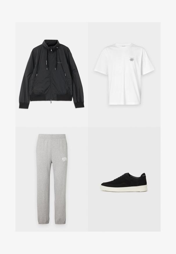 Črn lahek jakna na zadrgo s stojnicnim ovratnikom, zadrgami na strani, vrvicami, rebrastimi manšeti in logotipom Armani Exchange na prsih.; Bela majica iz bombaža s kratkimi rokavi, okroglim izrezom in majhnim sivim logotipom na levi strani prsnega dela. Gladka tekstura.; Sive bombažna trenirka z elastiko v pasu in ožjimi nogami. Ima bel logo na levem stegnu. Gladka tekstura.; Črni semiš teniški copati z vezalkami in kontrastnim belim gumijastim podplatom. Imajo teksturirane stranske panele in subtilno oznako na peti.