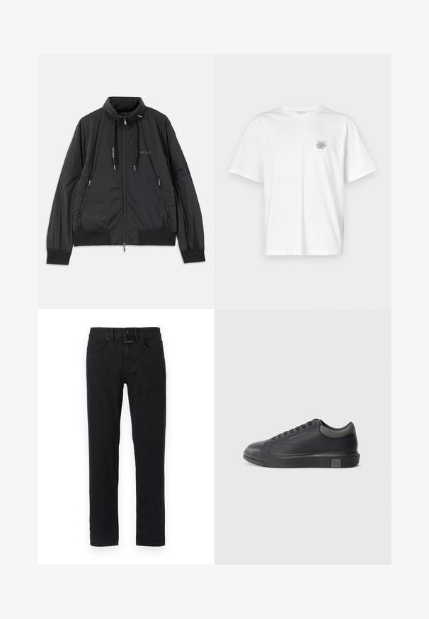 Črn lahek jakna na zadrgo s stojnicnim ovratnikom, zadrgami na strani, vrvicami, rebrastimi manšeti in logotipom Armani Exchange na prsih.; Bela majica iz bombaža s kratkimi rokavi, okroglim izrezom in majhnim sivim logotipom na levi strani prsnega dela. Gladka tekstura.; Črne jeans hlače slim fit kroja, z običajnim štirimi žepi, zankami za pas in gumbnim zapiranjem. Gladka tekstura, brez vidnih vzorcev.; Črne usnjene teniske s gladko površino, zaobljenim prstom in temno sivo akcenti. Imajo sistem vezanja in teksturiran gumijast podplat.